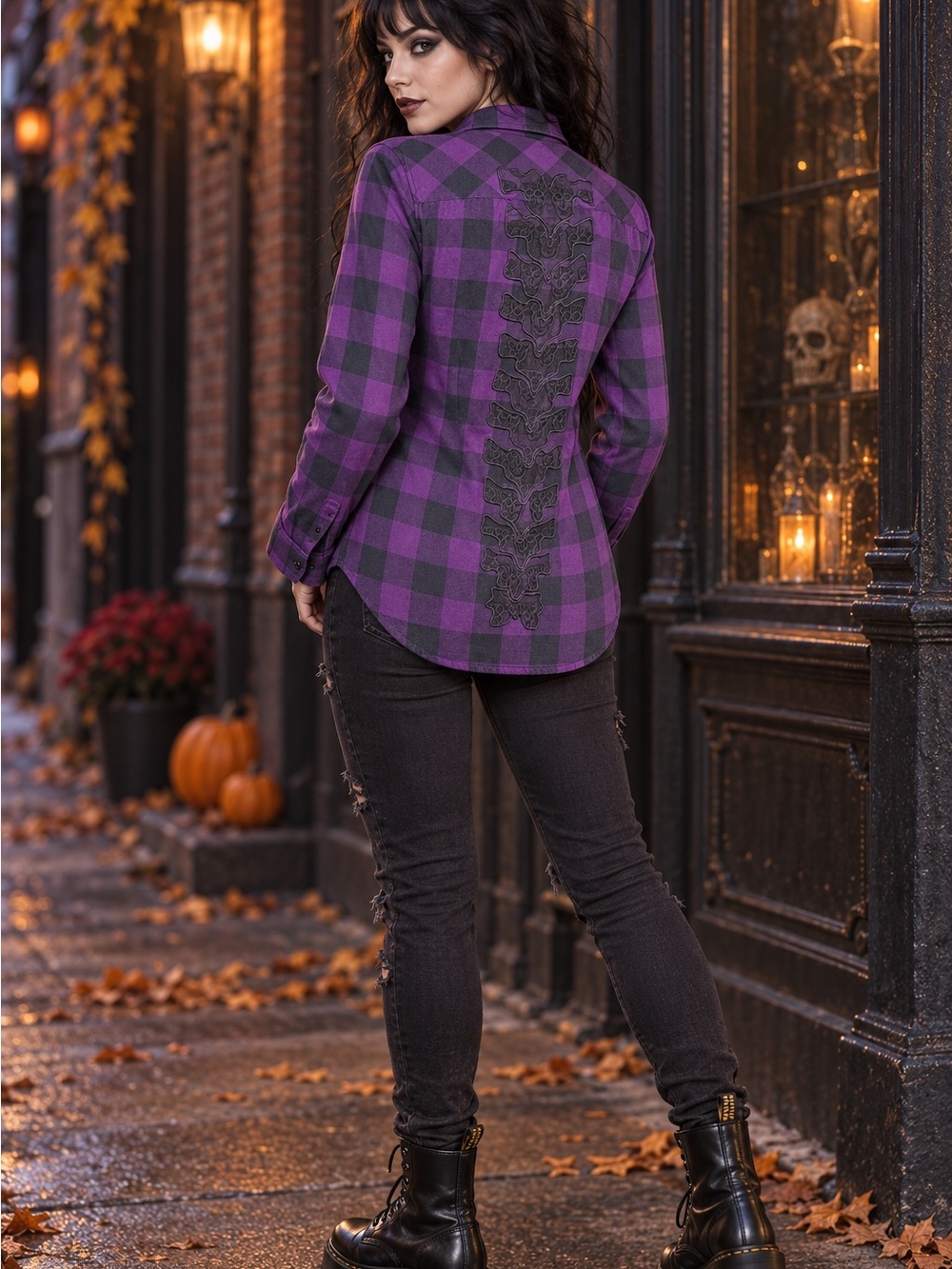 Hot Topic Purple Black Buffalo Plaid Skull Lace Back Flannel Shirt Size Small